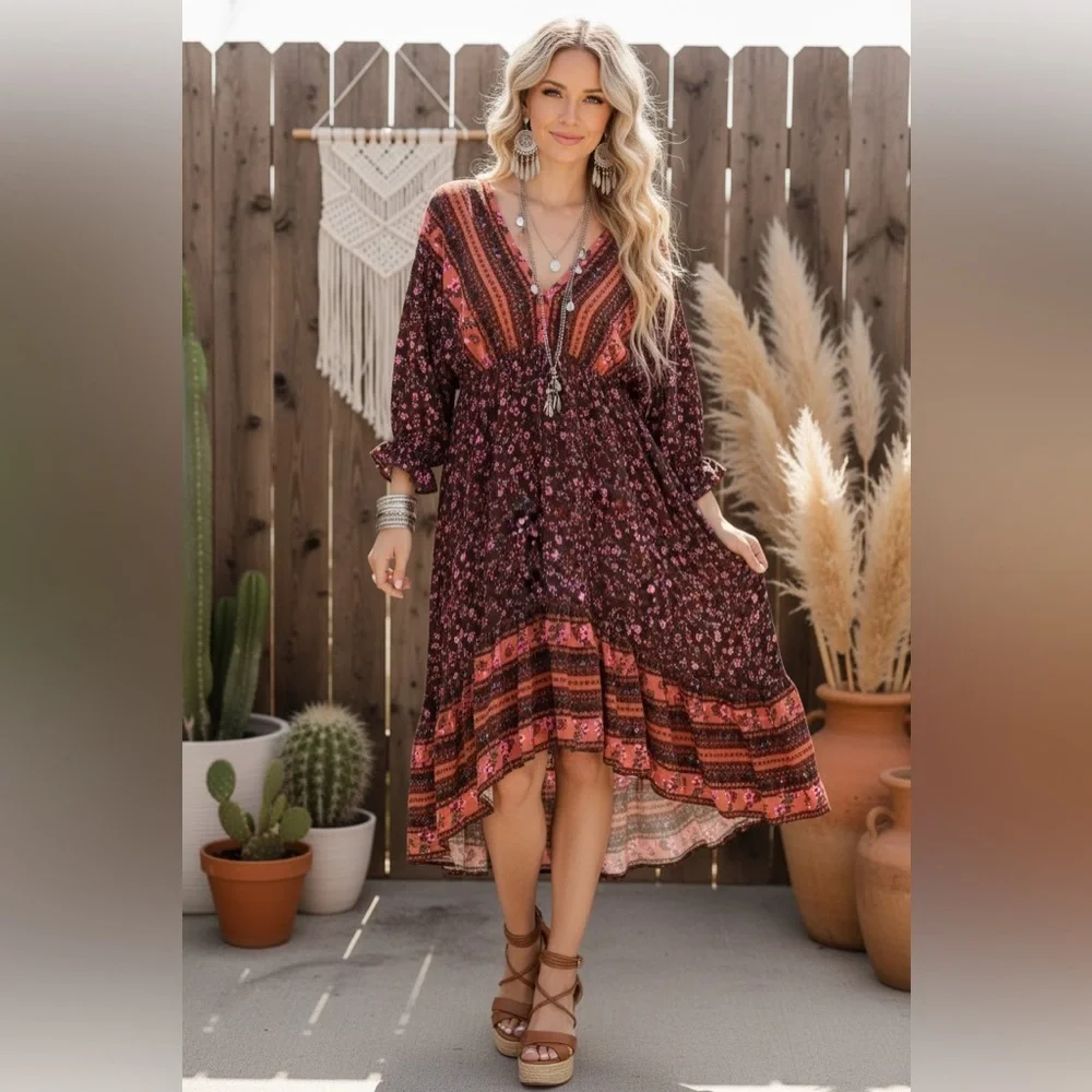 NWT UMGEE Boho Floral Print Tie Back High Low Asymmetrical Hi/Lo Dress - Picture 8 of 10
